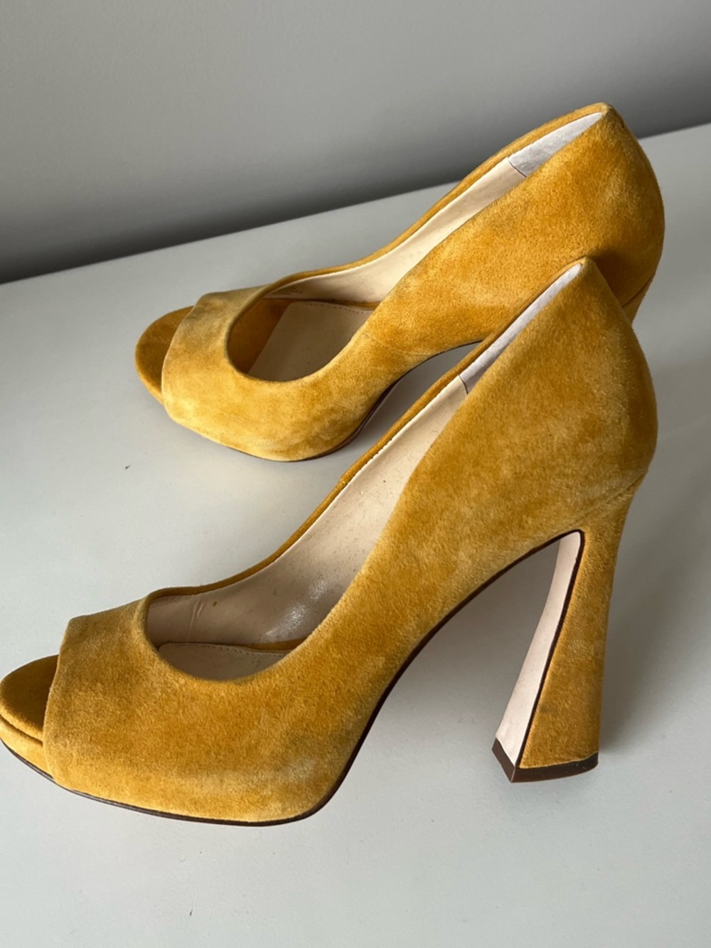 Jessica Simpson Mustard Suede Peep-Toe Block Heels - Picture 2 of 5